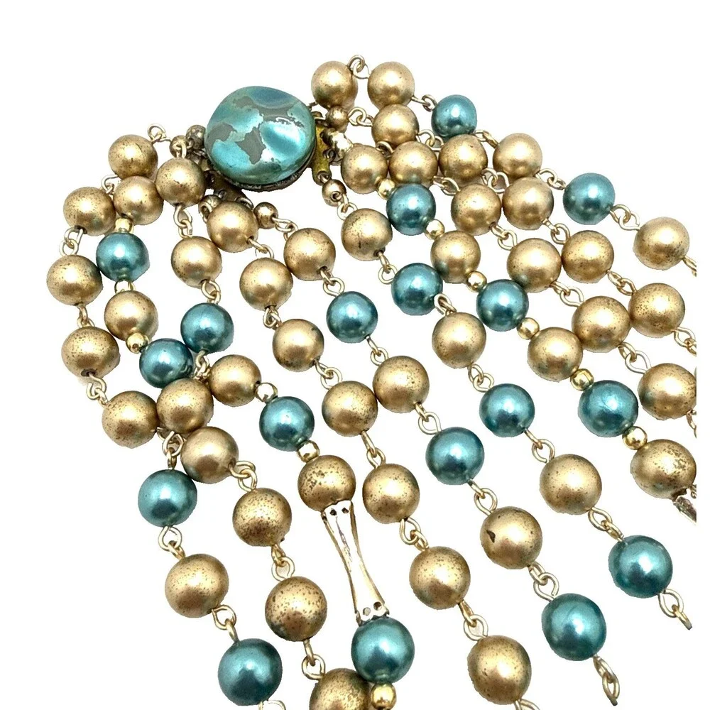 Vintage Japan Multi Strand Beaded Choker Necklace Blue Gold Mid Century 16